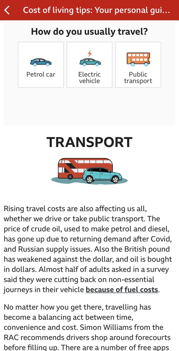 The @BBCNews page has a handy personalised guide on saving money during the cost of living crisis. Except it totally ignores two key free/low cost modes of transport: cycling + walking. In 2020, 25% of all trips were under 1 mile, 71% under 5 miles; perfect for active travel.