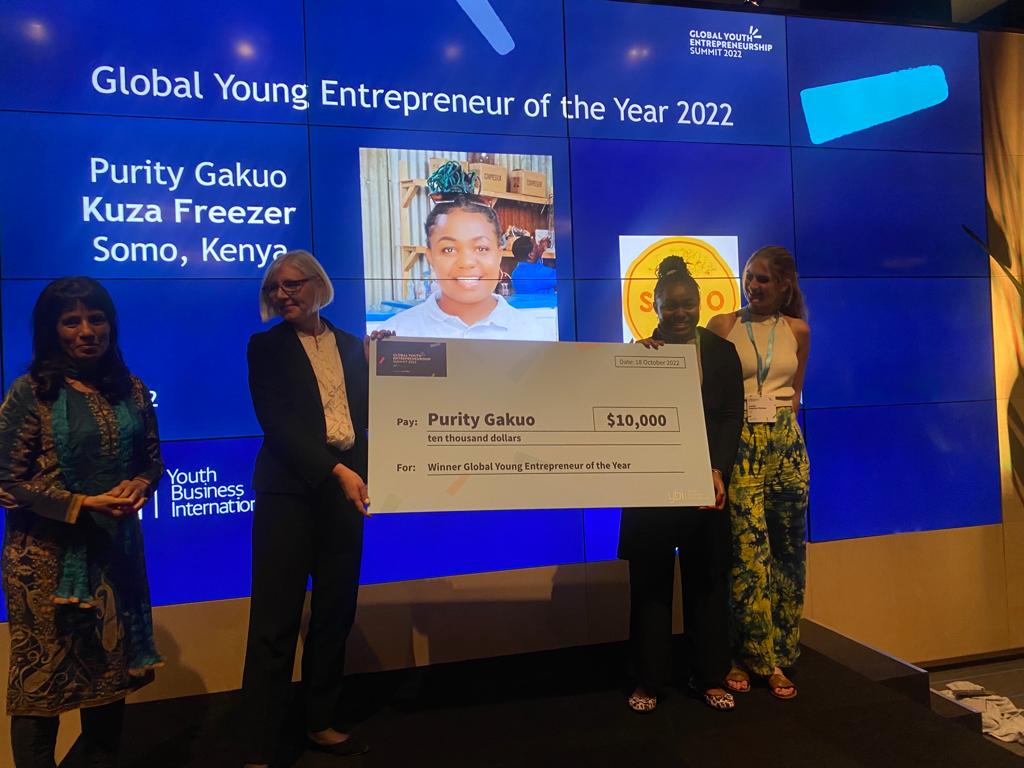 somo_org's tweet photo. Huge congratulations to @gakuo_purity.
Purity, Kuza Freezer, was crowned the overall winner of the @YouthBizInt Global Young Entrepreneur of the Year Award and the winner of the Business for Good Award. #gyes2022 https://t.co/B4sB5sg1aJ