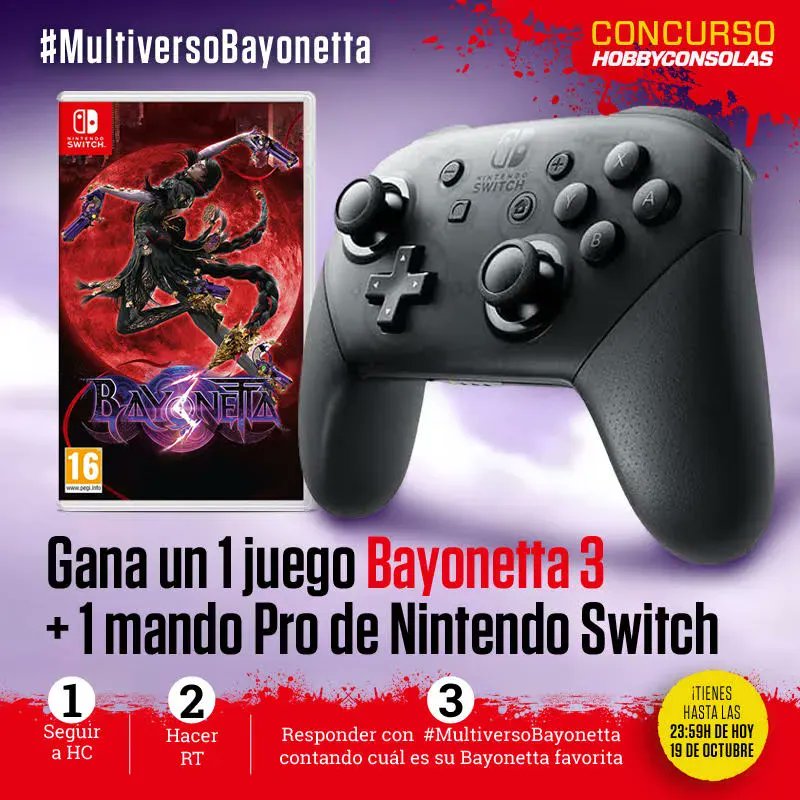 hobby_consolas's tweet photo. 📢 ¡SORTEO!

🎁 1 Pack Bayonetta 3 + Mando Pro de Nintendo Switch

1️⃣ Síguenos
2️⃣ RT
3️⃣ Responde con el hashtag #MultiversoBayonetta y cuéntanos cuál es tu Bayonetta favorita

⏰ ¡Termina HOY! BBLL: https://t.co/HxAMnZ6YEY https://t.co/53RknuQKxb