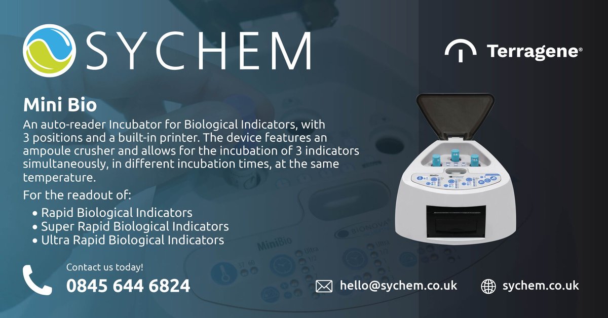 SychemUK's tweet photo. Discover the Mini Bio- an auto reading incubator for Biological Indicators! 

With the ability to incubate 3 indicators simultaneously, with different incubation times, the process has never been simpler. 

Please contact our Healthcare consumables Tracy, 📧tracy@sychem.co.uk https://t.co/5wfyz9i1iW