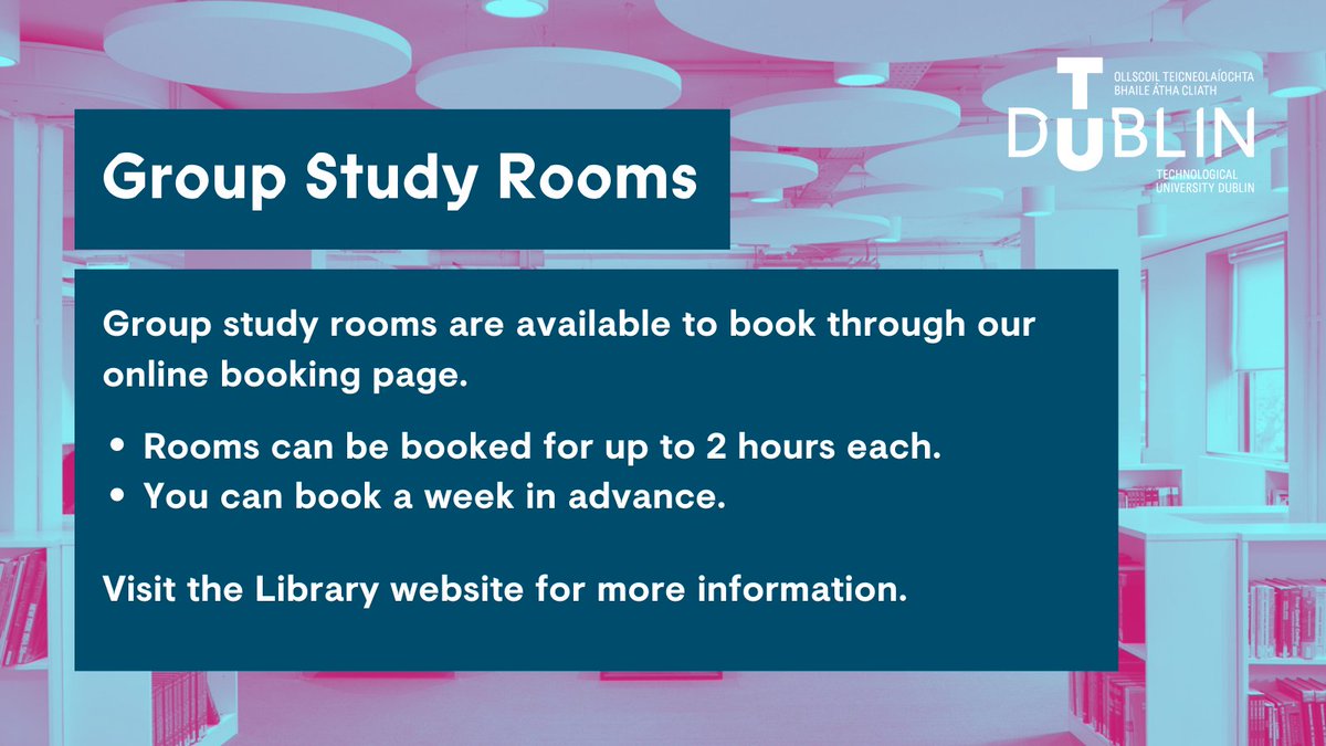 tudublinlib_'s tweet photo. Need to complete some group study work? Our Group study rooms are just what you need. Each room can be booked for up to 2 hours. Be sure to book in advance. You can find the booking page here: https://t.co/PQEUn38QK6
#WeAreTUDublin #TUDublinLibraryServices #Study https://t.co/EBClNYozU6