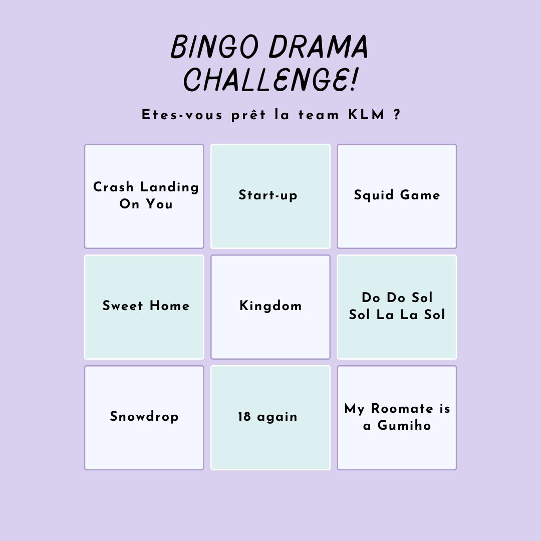 KpopLifeMag's tweet photo. Salut la team KLM,

Bingo spécial Drama.
Vous les avez vus ? Dites-le nous en commentaires.

#klm #kpoplife #kpoplifemag #kpoplifemagazine #kdrama #kdramalover #kdramaddict #snowdrop #dramabingo #sweethome #squidgame https://t.co/1LdLeS7iD4
