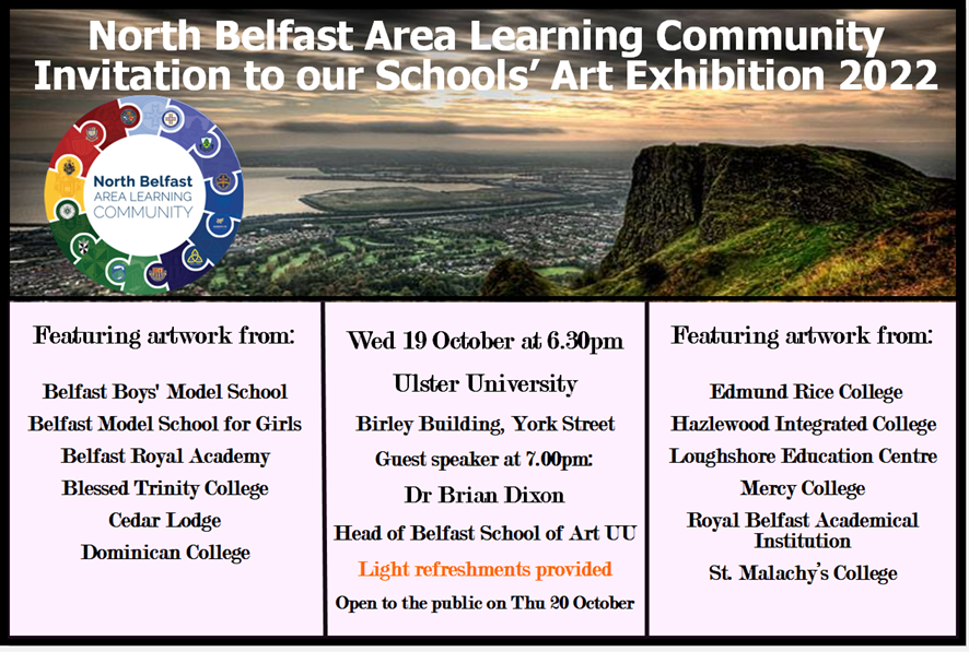BelfastRoyalAc's tweet photo. BRA pupils’ artwork will feature in an exhibition hosted at @UlsterUni from Thu 20th Oct. This is an excellent opportunity to celebrate our pupils' talent alongside that of pupils from neighbouring North Belfast schools in the impressive new UU campus #BRAart #NBALC https://t.co/MuQKr2kZ2a