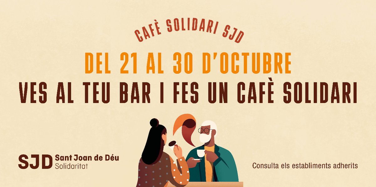📅 Del 𝟮𝟭 𝗮𝗹 𝟯𝟬 𝗱’𝗼𝗰𝘁𝘂𝗯𝗿𝗲 ves al teu bar de referència, demana un cafè solidari i ajuda’ns a trencar la #SoledatNoDesitjada sumant-te a la campanya de Sant Joan de Déu!

📍Troba al mapa un dels 400 establiments adherits!

☕CafeSolidari.org - #CafèSolidariSJD