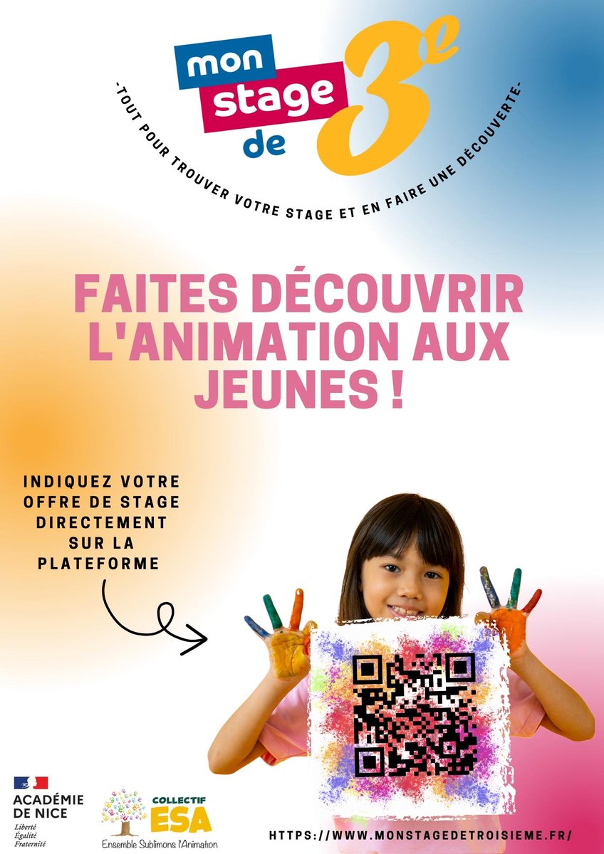 En lien avec <a href="/AcademieNice/">Académie de Nice</a>, le #CollectifESA invite les structures jeunesse des A-M à proposer des offres de stage aux collégiens de 3ème.

Face à la pénurie qui touche le secteur de l'animation, il est essentiel de permettre à nos jeunes de découvrir les métiers de l'animation.