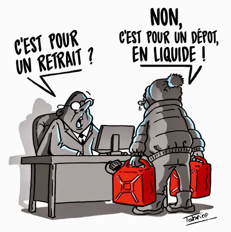 FabriceGreg's tweet photo. #greve #essence #flambe #flambé #total #jerrican #banque #banquier #depot #espece #liquide #caricature #dessindujour #dessindepresse #humour #blague #sketch #gregsketch https://t.co/6cnOh5N4Dl
