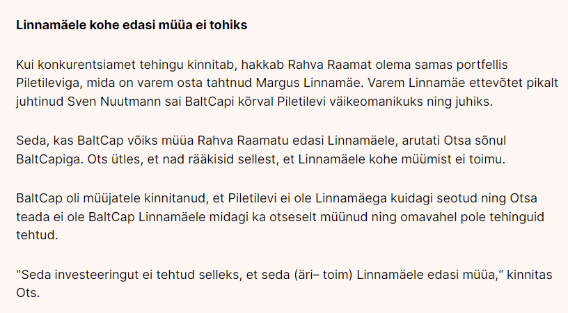 LauriLaidna's tweet photo. Täna tuli uudis, et Rahva Raamat müüakse BaltCapile. Väga huvitavalt on BaltCapi investeeringud-ostud samades valdkondades, kus Linnamäe toimetamised. Neil ei ole kindlasti mingit omavahelist seost ja siit ei tasu karta ühegi järgneva monopoolse seisundi tekkimist #oligarhiasünd https://t.co/tGpYJPeUMW
