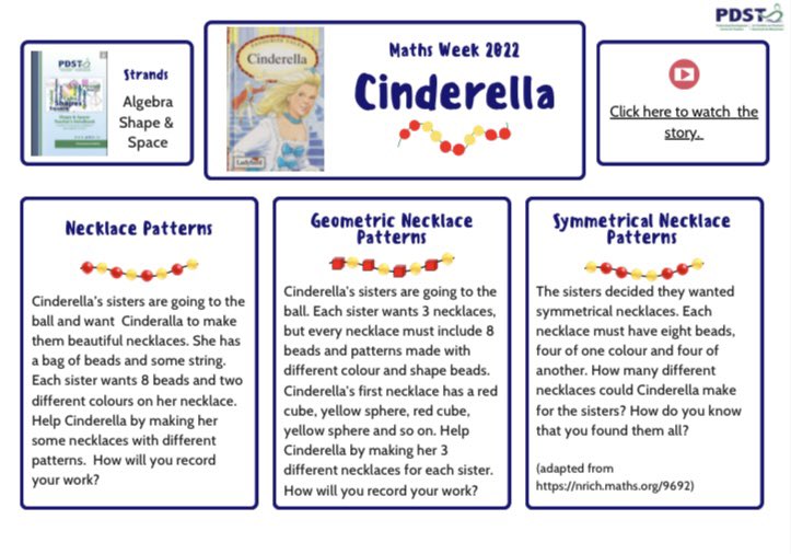 OidePrimarySTEM's tweet photo. 🧚♀️Explore the strands of Algebra/ Shape & Space through the story of Cinderella using our PDST resources on Scoil Net! Can you help Cinders make necklaces to wear to the Ball?https://t.co/5m32I8CaSy #mathweek2022 #STEM @ScoilnetPrimary @mathsweek https://t.co/fBMfjRhH1m