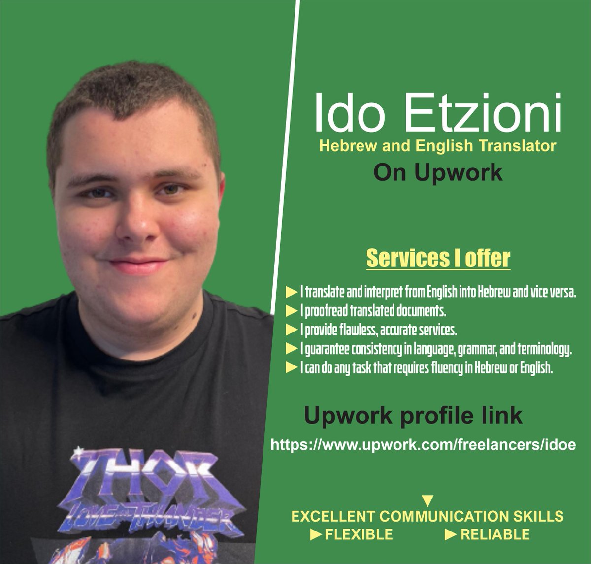 YOUR BEST HEBREW AND ENGLISH TRANSLATOR ON UPWORK
See the link to his profile!
upwork.com/freelancers/id…
#Hebrews #hebrewisraelites #upwork #upworkfreelancer #freelancing #clients #remotework #remotejobs #remoteworking #translation #translator #Israel #Israelites #jobs #English