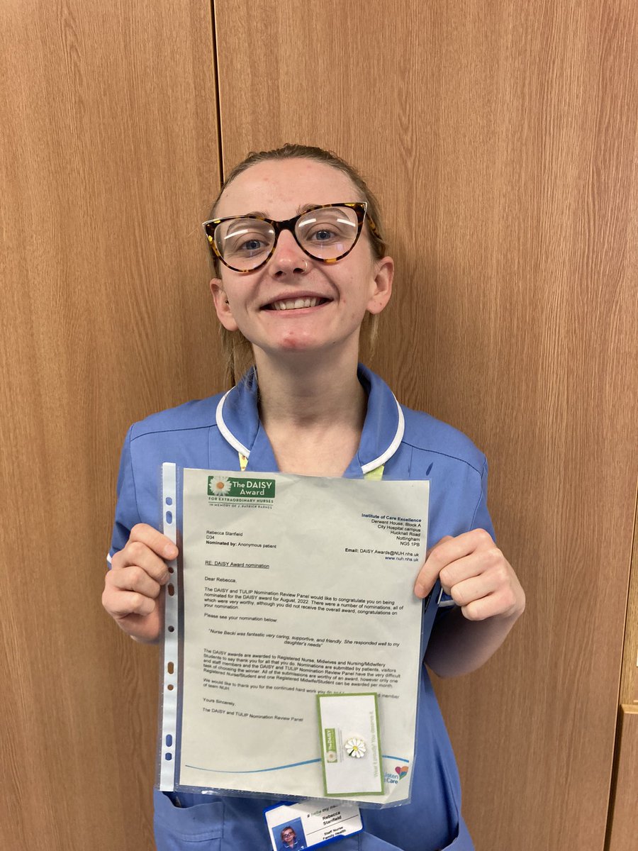 wardD34_NCH_NUH's tweet photo. We are very proud of our wonderful nurse Becky who has received a #daisyaward nomination. The nomination read … ‘Becky was fantastic, very caring, supportive and friendly. She responded well to my daughters needs.’ Well done Becky🤩@nottmchildrens @TeamNUH #caringatitsbest https://t.co/VggxvHg7E9