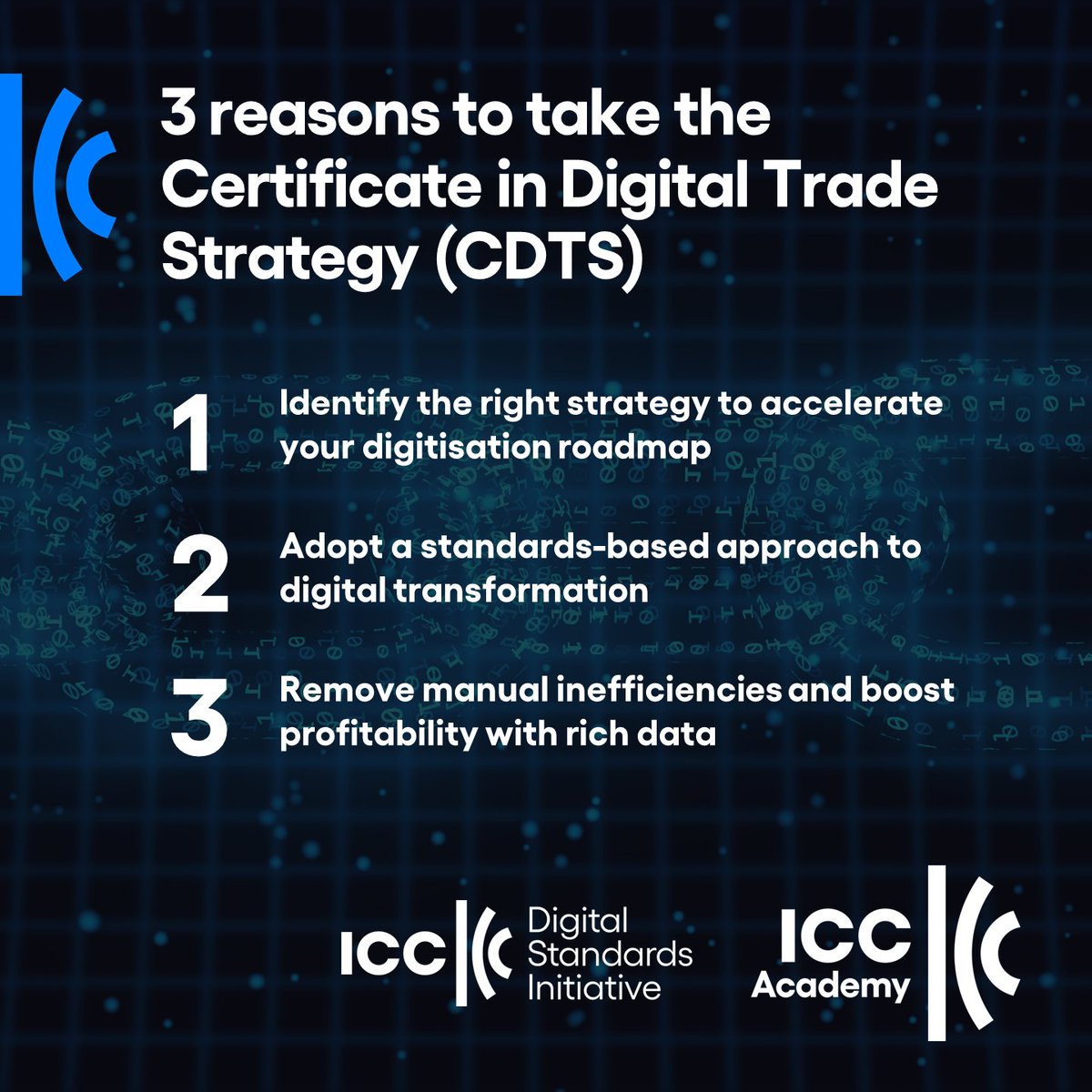 The new Certificate in Digital Trade Strategy (CDTS) will help you:

- Identify the right digitisation strategy
- Adopt a standards-based approach that boosts the ROI of digital transformation
- Remove manual inefficiencies 

Learn more here: icc.academy/digital-trade-…