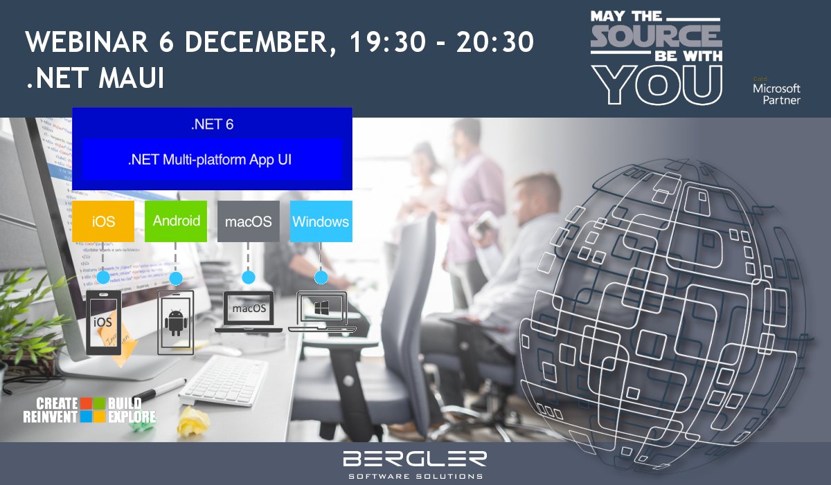 Dinsdag 6 december .NET MAUI event vanuit de Microsoft studio’s Live stream (19:30 – 20:30). Deelname is gratis. Aanmelden via bergler.nl/event/webinar-…
#Microsoft #dotnetmaui #microsoftpartner #dotnet