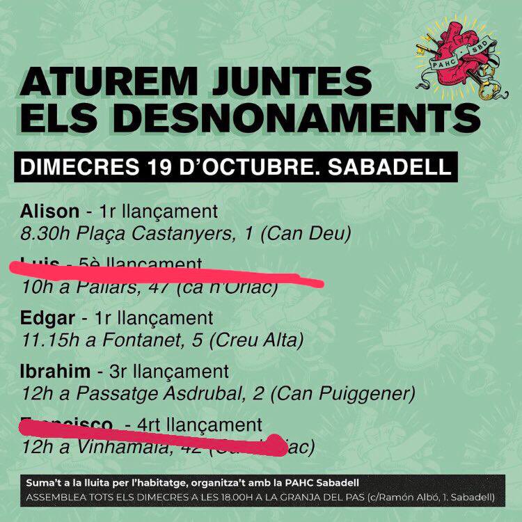 PAHC_Sabadell's tweet photo. Primer desnonament del dia aturat!
Seguim amb #EdgarEsQueda a les 11:15h, i #IbrahimEsQueda a les 12:00h
💪🏼💚 #AlisonEsQueda https://t.co/00ClCeQ09l