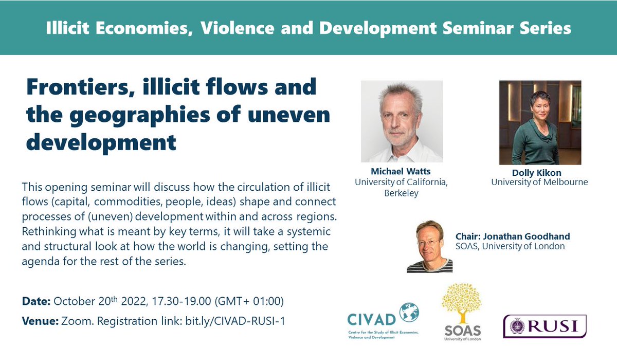CIVAD (@civad_soas) on Twitter photo Join us tomorrow for the first seminar in the <a href="/SOAS/">SOAS University of London</a> <a href="/RUSI_org/">RUSI</a> series on illicit economies, violence & development!
We are very excited to hear Michael Watts <a href="/UCBerkeley/">UC Berkeley</a> & <a href="/DollyKikon/">Dolly Kikon</a> <a href="/UniMelb/">University of Melbourne</a> in conversation with Jonathan Goodhand <a href="/SOASDevelopment/">SOAS Development Studies</a>
➡️ bit.ly/CIVAD-RUSI-1 Join us tomorrow for the first seminar in the <a href="/SOAS/">SOAS University of London</a> <a href="/RUSI_org/">RUSI</a> series on illicit economies, violence & development!
We are very excited to hear Michael Watts <a href="/UCBerkeley/">UC Berkeley</a> & <a href="/DollyKikon/">Dolly Kikon</a> <a href="/UniMelb/">University of Melbourne</a> in conversation with Jonathan Goodhand <a href="/SOASDevelopment/">SOAS Development Studies</a>
➡️ bit.ly/CIVAD-RUSI-1