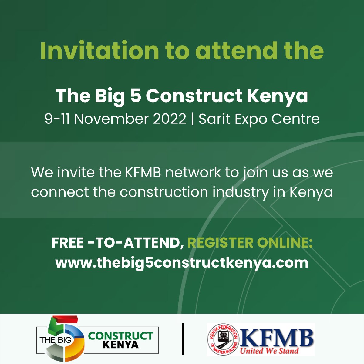 Attend The Big 5 Construct Kenya from 9 – 11 November 2022 at The Sarit Expo Centre, Nairobi. Join us for an opportunity to discover new products, meet with 100+ leading brands and reconnect with your construction industry. Register for your free pass: bit.ly/3AiZcik