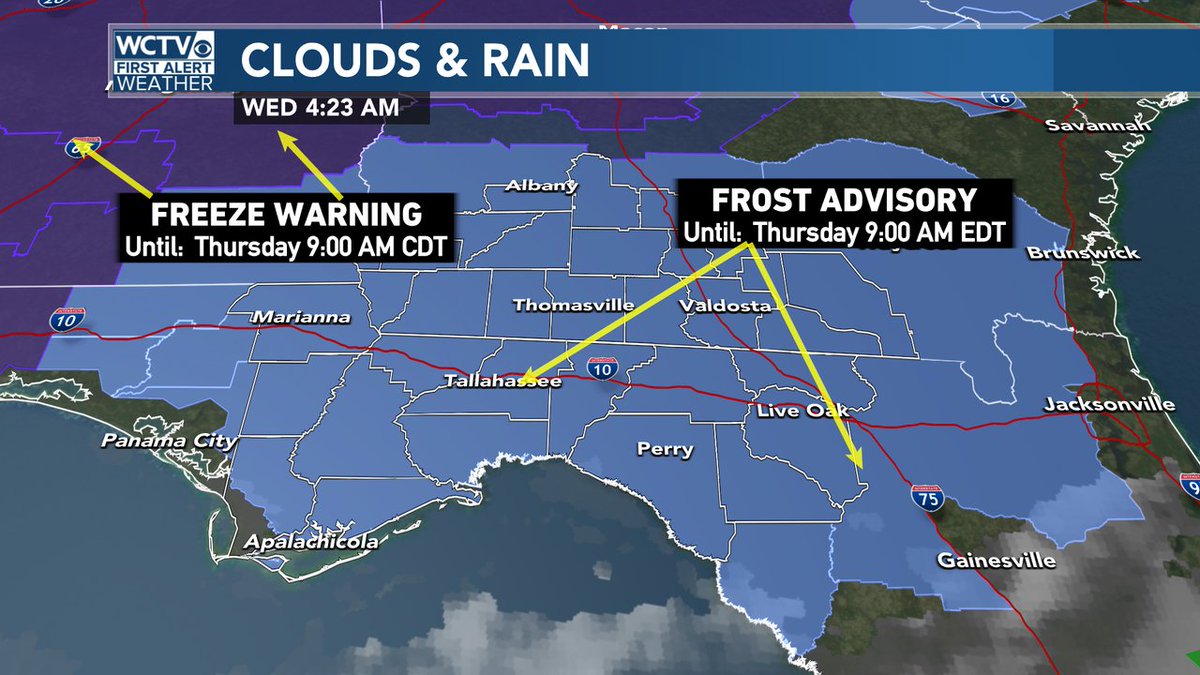 robnucatola's tweet photo. A FROST ADVISORY means there can be frost in those areas. The best chances for frost Wed night/Thurs Morning will be N & W of Tallahassee. But all areas away from the coast can find pockets of frost - so protect the plants tonight! #OctoberChill #ProtectThePlants #FROST https://t.co/yGNsUZZ4PN
