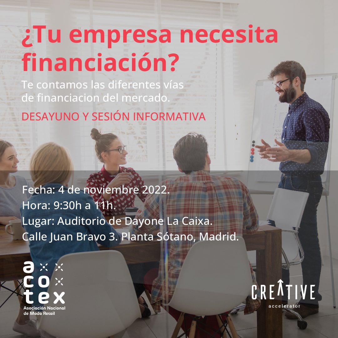 ACOTEX (@acotex) on Twitter photo SESIÓN FORMATIVA: FINANCIACIÓN PARA TÚ EMPRESA 📚☕️
ACOTEX
📆 4 de Noviembre
⏰9:30h a 11h
📍Auditorio de Dayone La Caixa - Calle Juan Bravo 3, Planta sótano, Madrid
📧 Imprescindible inscripción en el mail acotex@acotex.org
acotex.org/2022/10/10/fin… SESIÓN FORMATIVA: FINANCIACIÓN PARA TÚ EMPRESA 📚☕️
ACOTEX
📆 4 de Noviembre
⏰9:30h a 11h
📍Auditorio de Dayone La Caixa - Calle Juan Bravo 3, Planta sótano, Madrid
📧 Imprescindible inscripción en el mail acotex@acotex.org
acotex.org/2022/10/10/fin…