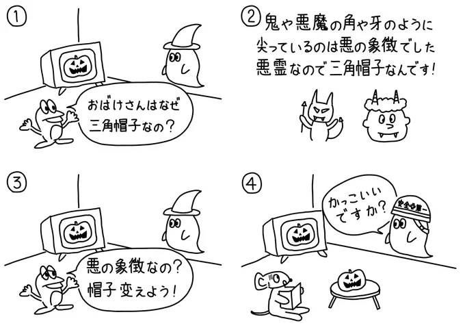 129シュールなおばけの帽子 おばけさんにいたずらしてはいけません🐭 #漫画が読めるハッシュタグ #絵描きさんと繫がりたい #みんなで楽しむTwitter展覧会 #4コマ漫画 #ハロウィン #おばけ #帽子 #HappyHalloween