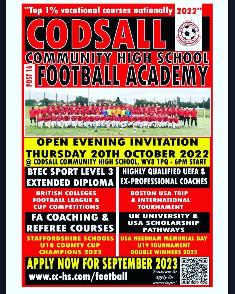 Plz RT <a href="/codsallsixth/">Codsall Sixth Form</a> <a href="/codsallhigh/">Codsall High School</a> 
OPEN EVENING - THURSDAY 20th OCTOBER 2022 - 6PM @ Codsall High School, WV8 1PQ

Current Year 11 students are invited to join us for our 6th form open evening event and learn more about our OUTSTANDING football and education programme!