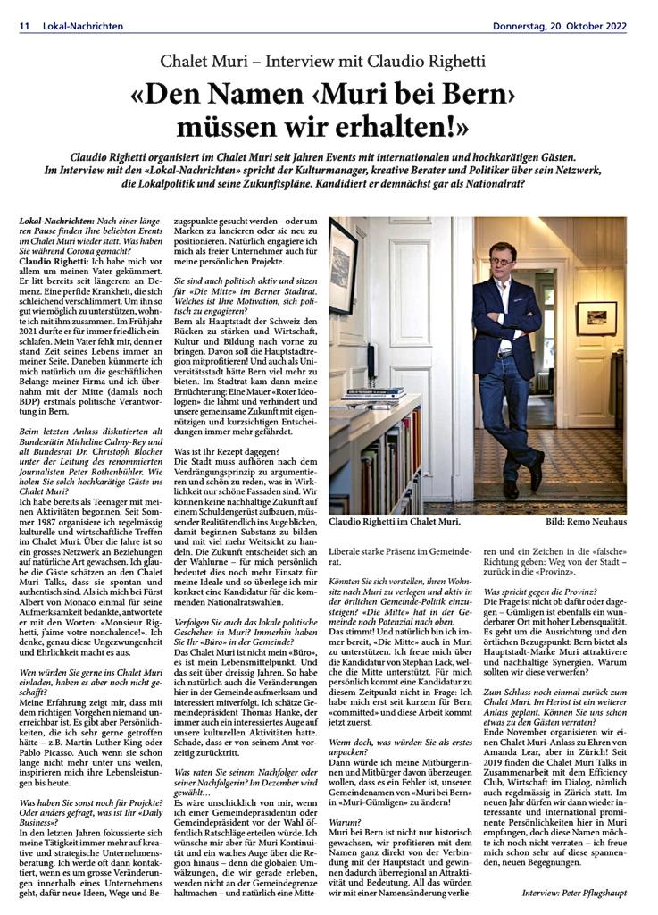 Unser Stadtrat <a href="/ClaudioRighett5/">Claudio Righetti</a>
Im Interview mit den Lokal-Nachrichten Muri-Gümligen über das Chalet Muri und seine Motivation aus der Mitte heraus Politik zu machen.#Bildung #Politik #Kultur #Wirtschaft