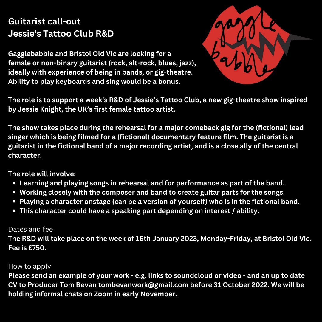 Open Callouts 📢💥 we’re looking for a guitarist, singer and stage manager for the R&amp;D of our new show Jessie’s Tattoo Club 🎸🎤📋         <a href="/BristolOldVic/">Bristol Old Vic</a> <a href="/ace__london/">Arts Council England, London</a> #gigtheatre docs.google.com/document/d/1eV…
