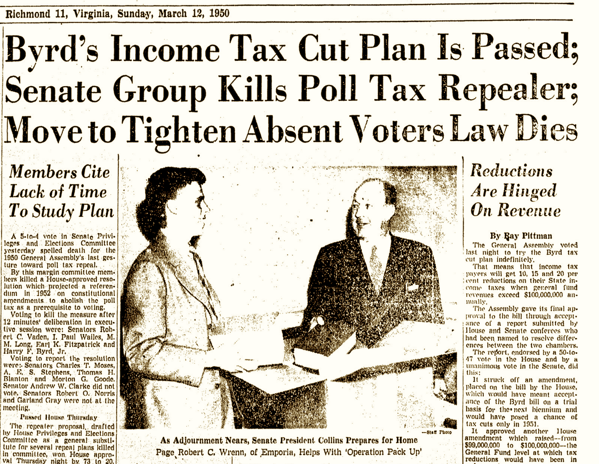 MichaelLeePope's tweet photo. #ByrdMachine flashback, 1950: Lawmakers approve an income-tax cut plan sponsored by state Sen. Harry Byrd Jr. A group of youthful war vets known as the "Young Turks" unsuccessfully fight for a $1 million appropriation for public education https://t.co/wN1Q3SZF1z