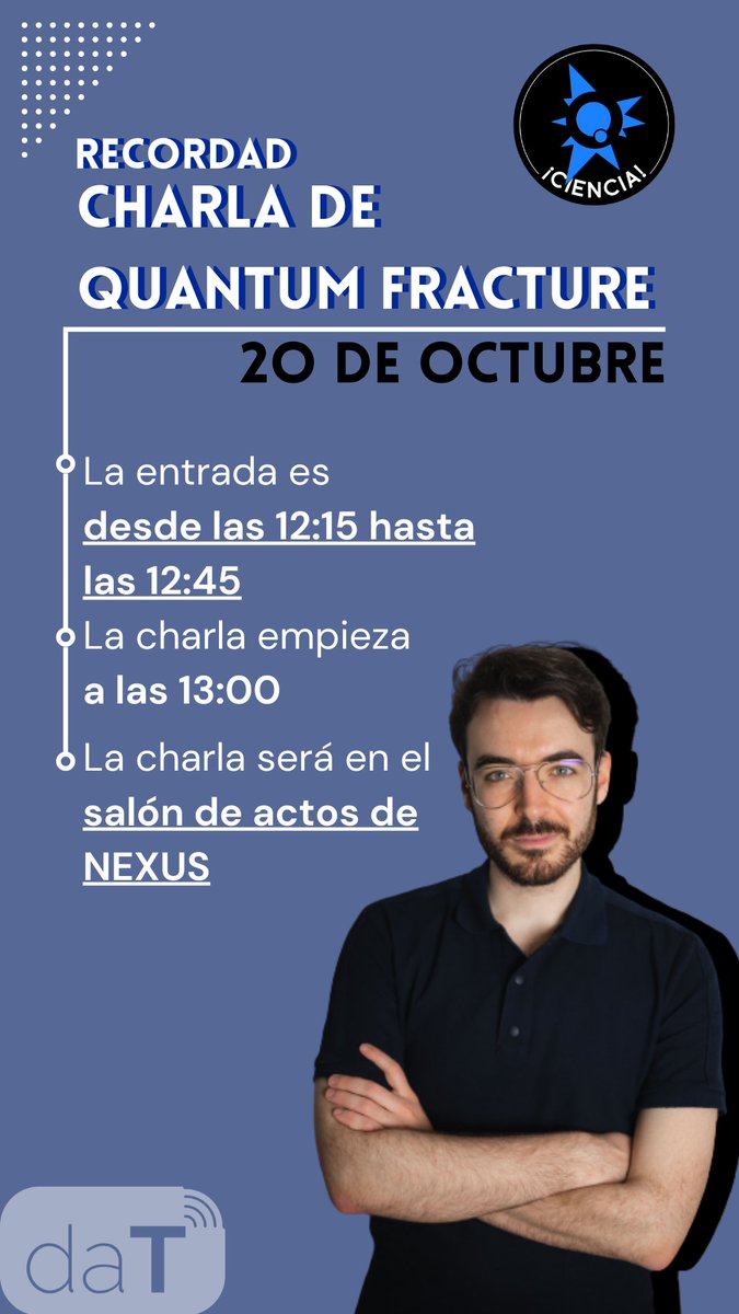 🗣️ La CHARLA de <a href="/QuantumFracture/">Crespo</a> será MAÑANA a las 13:00!! 

💻 Se retransmitirá para TODOS (estudiantes UPV)

🔴 Podréis verla en directo en: 

upv.es/endirecto/6G