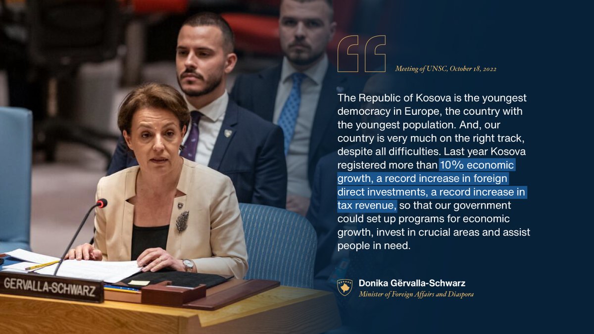 During her statements at the #UNSC meeting, DPM/FM @gervallaschwarz noted many key facts of 🇽🇰’s great progress & positioning — recognized by credible 🇪🇺organizations. All while dealing w/🇷🇸 lies, war & criminal threats, & unwillingness to implement its dialogue agreements. 1/12