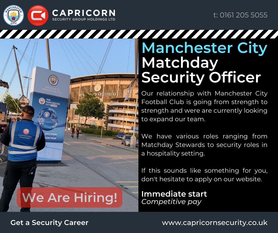 🚨 We are hiring 🚨 Manchester City Matchday Security Officer. Various roles available, apply today: capricornsecurity.co.uk/jobs/mcfc-sia-… #manchestercity #security #hospitality #hiring