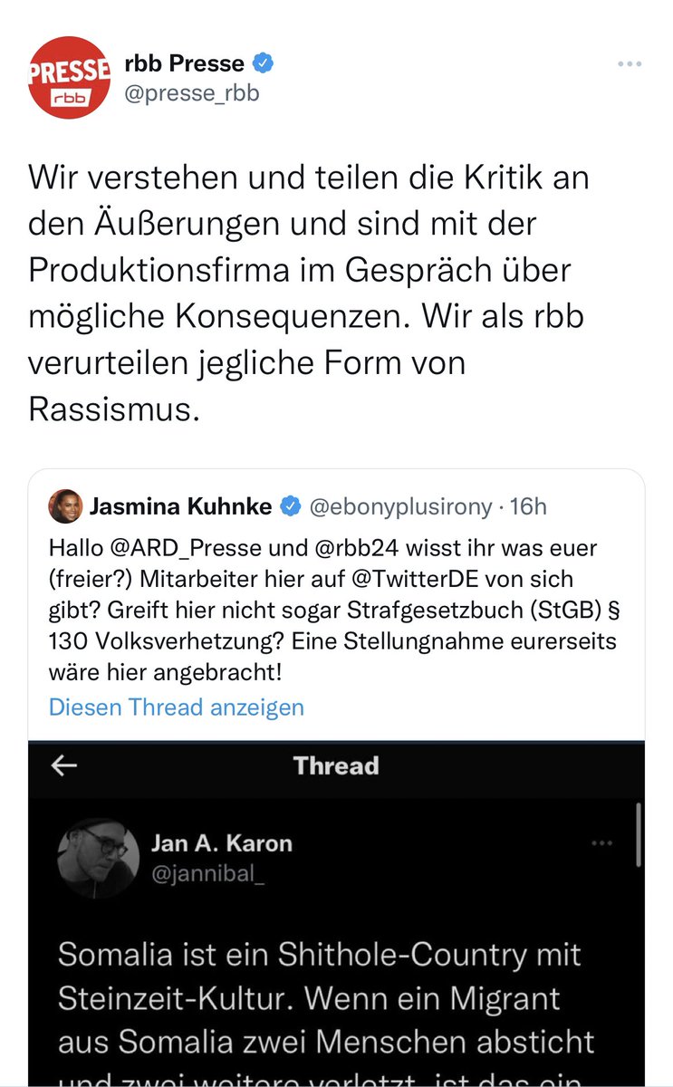 a_nnaschneider's tweet image. Hallo @presse_rbb, @jannibal_ als Rassisten hinzustellen, weil Jasmina Kuhnke das behauptet, ist wirklich Wahnsinn. Er erklärte in seinem Thread ganz genau, was er meint. Aber es gibt ja keine Cancel Culture, und Einschüchterung vom woken Mob ist auch nur so ein Märchen, richtig.