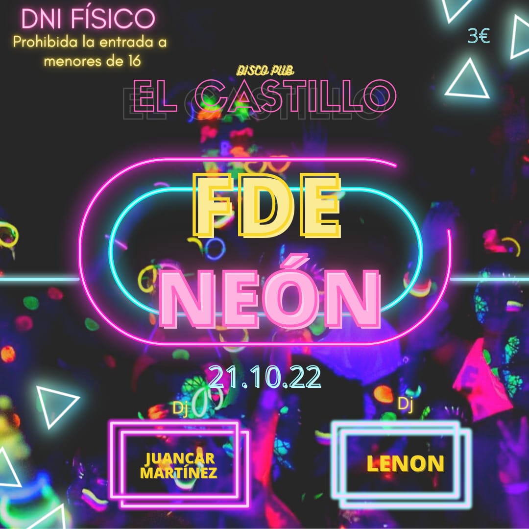 ¡Seguimos con el fiestón del viernes!

•Temática neón: en la puerta, estaremos repartiendo complementos y pintando con pinturas neón 🖌️

• Like❤️ y RT🔄 para entrar en el sorteo de una entrada

;)Mucha suerte! Os esperamos
DNI FÍSICO
PROHIBIDA LA ENTRADA A MENORES DE 16