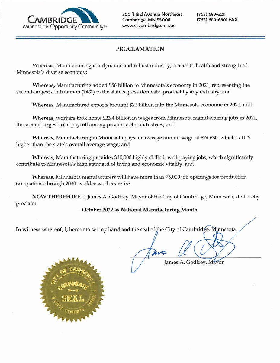 cambridgemned's tweet photo. Mayor James Godfrey proclaims October as National Manufacturing Month for the City of Cambridge. Thank you Cambridge manufacturers and wholesale/distributors, you are a critical component of our local economy! #ManufacturingMonth #MNManufacturingMonth #CambridgeMN https://t.co/YJzX5aGjea