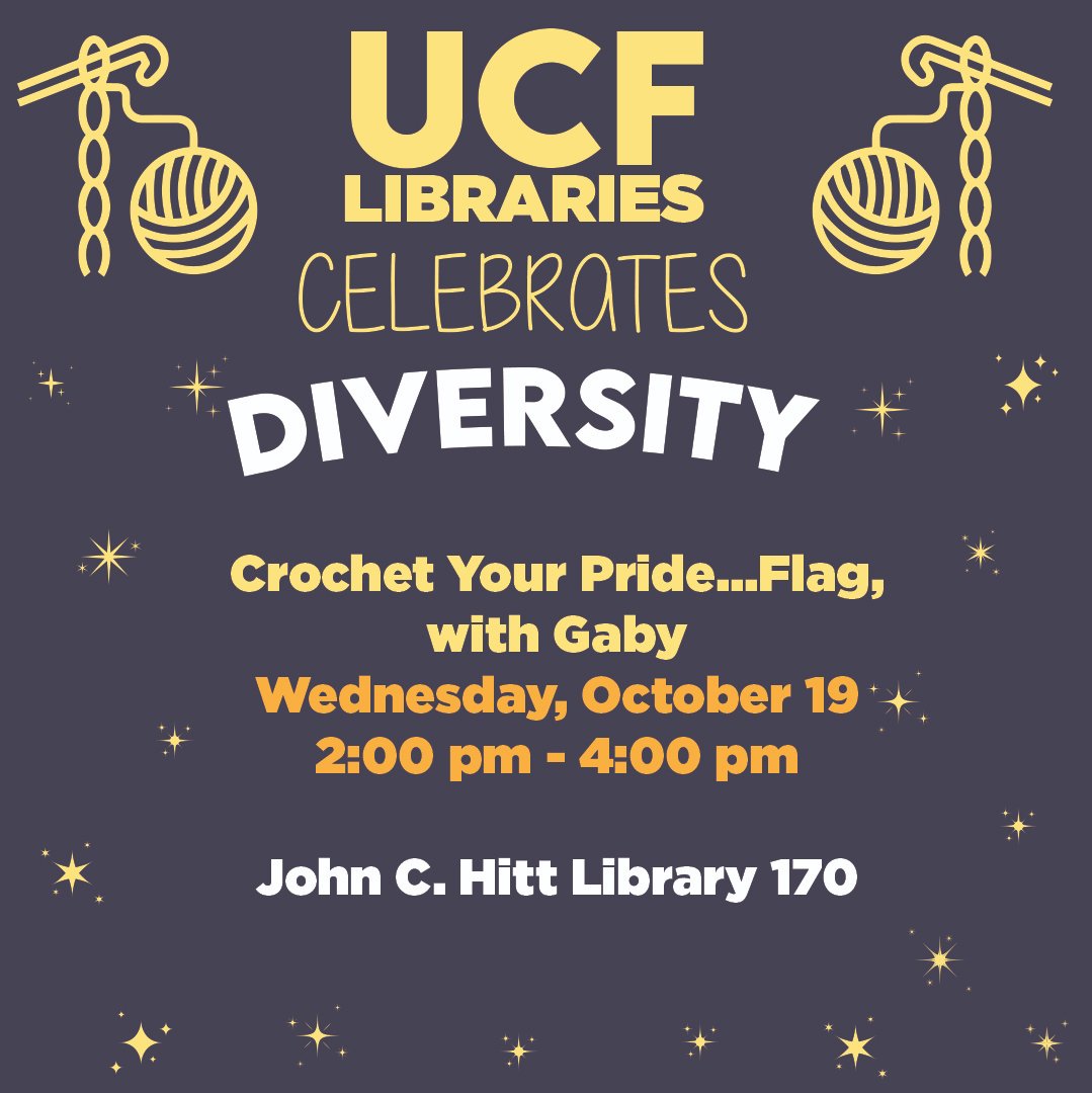 CMC_UCF's tweet photo. There's still space available for our afternoon crocheting event! 🧶 Crochet hook, yarn, and instruction will be provided➡️https://t.co/7f5vVEwvGW Event will take place in Room 170 at the Hitt Library✨ #ucflibrary #artsandcrafts https://t.co/kVkhCITwLN