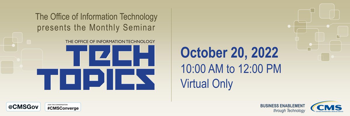 CMSGov's tweet image. There&apos;s still time…..
Sign up for the October 20 #TechTopic session at CMS: go.cms.gov/3SyWnQN
#CMSConverge