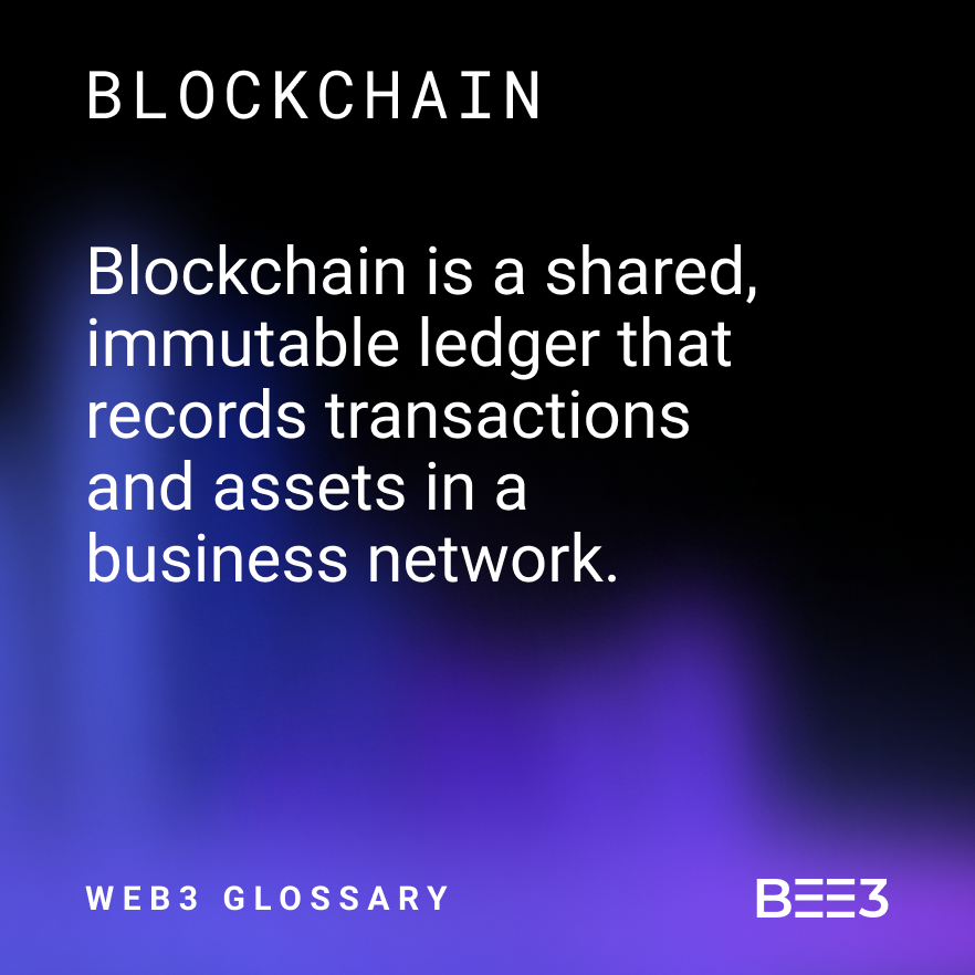 Bee3io's tweet photo. Word of the week: Blockchain
Blockchain is a shared, immutable ledger that records transactions and assets in a business network.
Follow us for more!
#BEE3 #Web3 #blockchaindevelopment #crypto #NFT https://t.co/8PqrW7pxGp