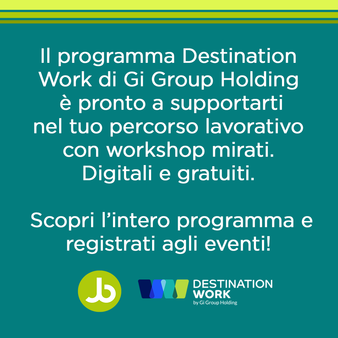 weareJobbit's tweet image. Scopri l'intero programma di Destination Work di @GiHoldingItalia su bit.ly/3CKkVkc e registrati agli incontri gratuiti che più ti interessano!

#lavoro #orientamentoprofessionale #ricercadilavoro #jobbit #wearejobbit #yourjobinabit