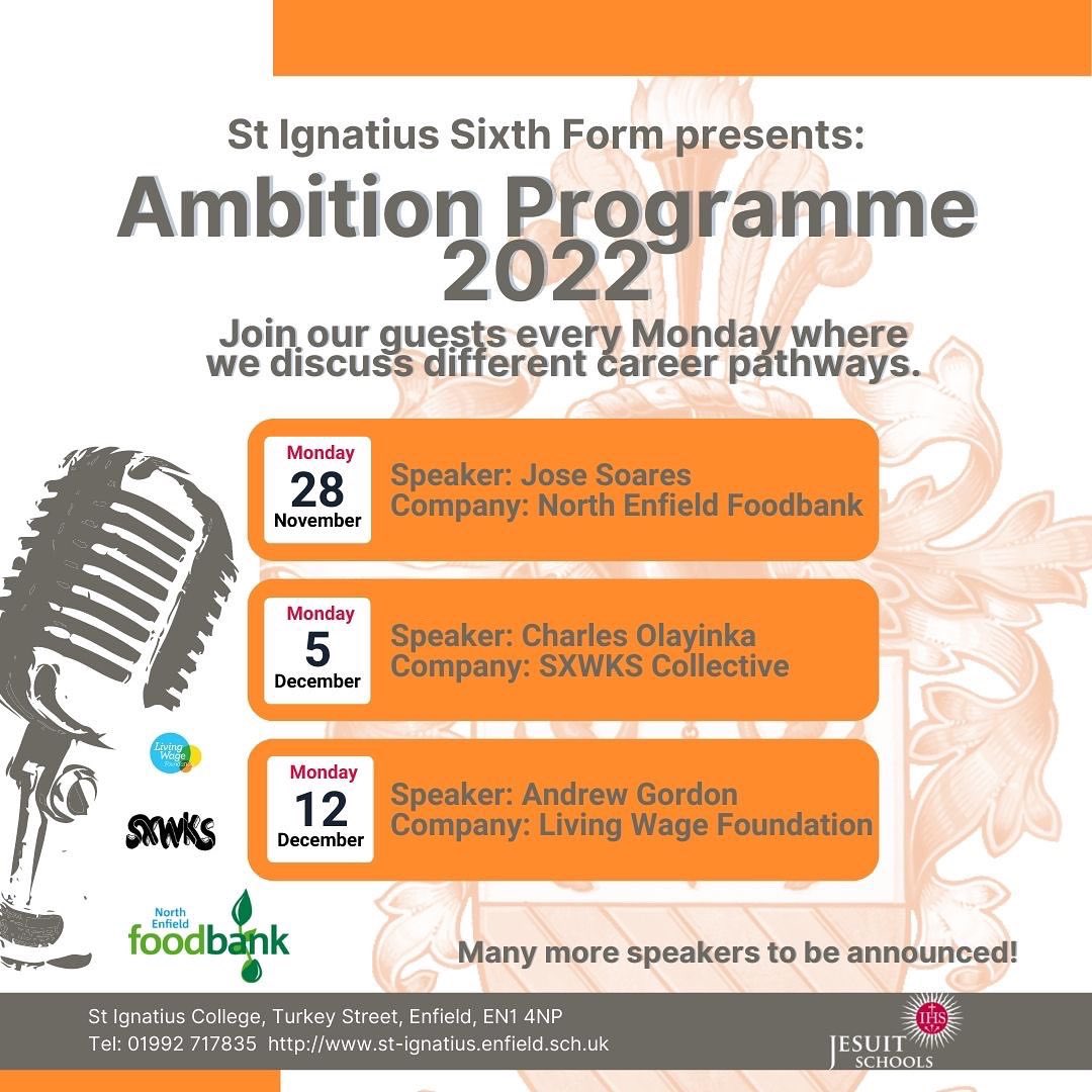St_Ignatius's tweet photo. The next line up of guests for the Sixth Form 2022 #AmbitionProgramme. This runs every Monday for students to get prepared and understand their career pathways. Here are the following dates & more guests are still to be announced. 🎙️🗓️ https://t.co/77qIXpEhUc