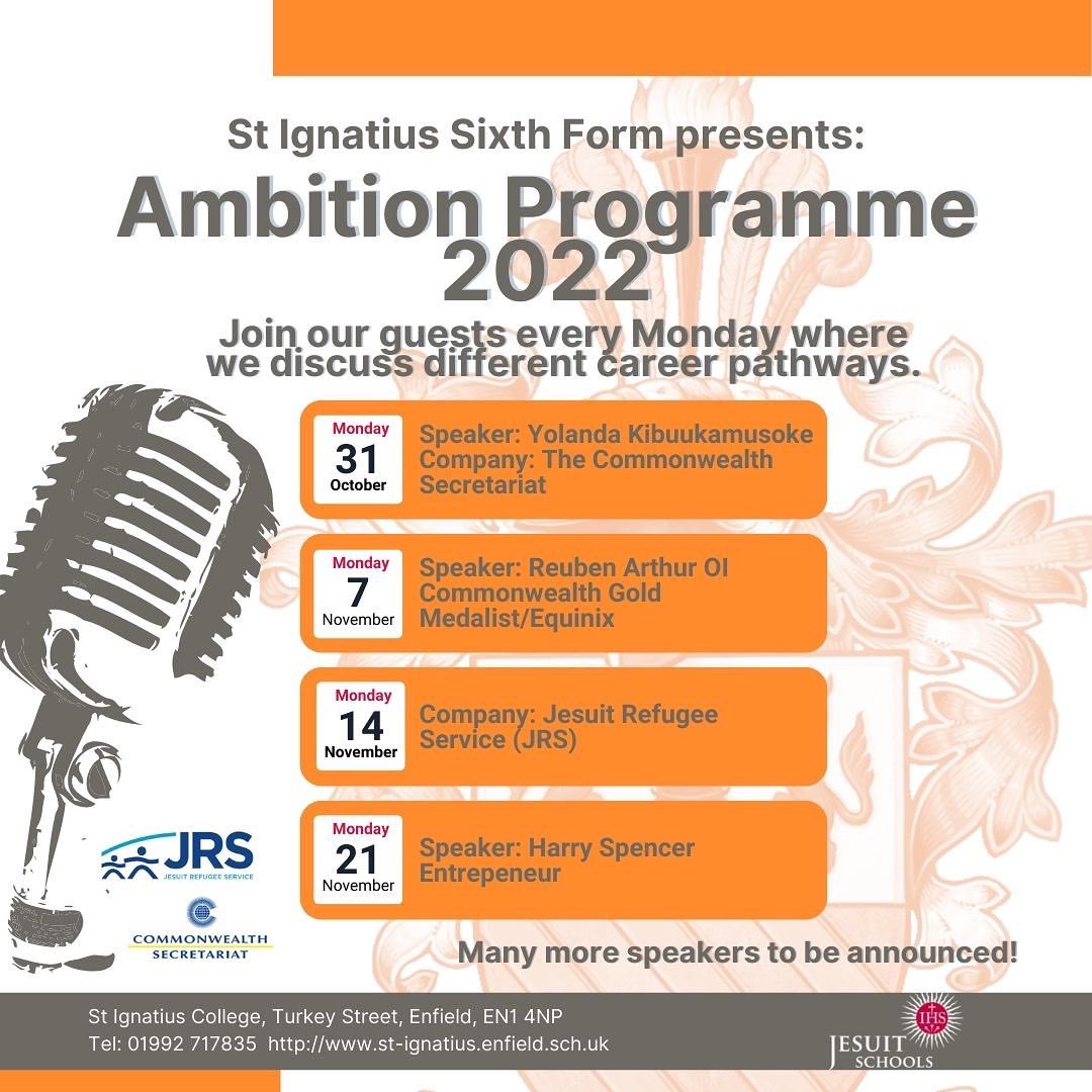 St_Ignatius's tweet photo. The next line up of guests for the Sixth Form 2022 #AmbitionProgramme. This runs every Monday for students to get prepared and understand their career pathways. Here are the following dates & more guests are still to be announced. 🎙️🗓️ https://t.co/77qIXpEhUc
