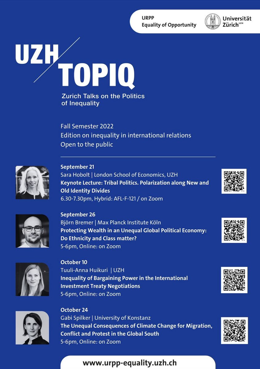 Looking forward to Gabriele Spilker's (@gabi_spilker)  @URPP_Equality UZH TOPIQ talk on
'The unequal consequences of climate change for migration, conflict and protest in the Global South' 

Mon October 24, 5-6pm on Zoom
Everyone is welcome! Register now:
urpp-equality.uzh.ch/en/registratio…