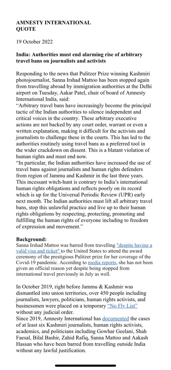 Our response to Pulitzer Prize-winning Kashmiri photojournalist Sanna Irshad Mattoo being stopped once again from travelling abroad