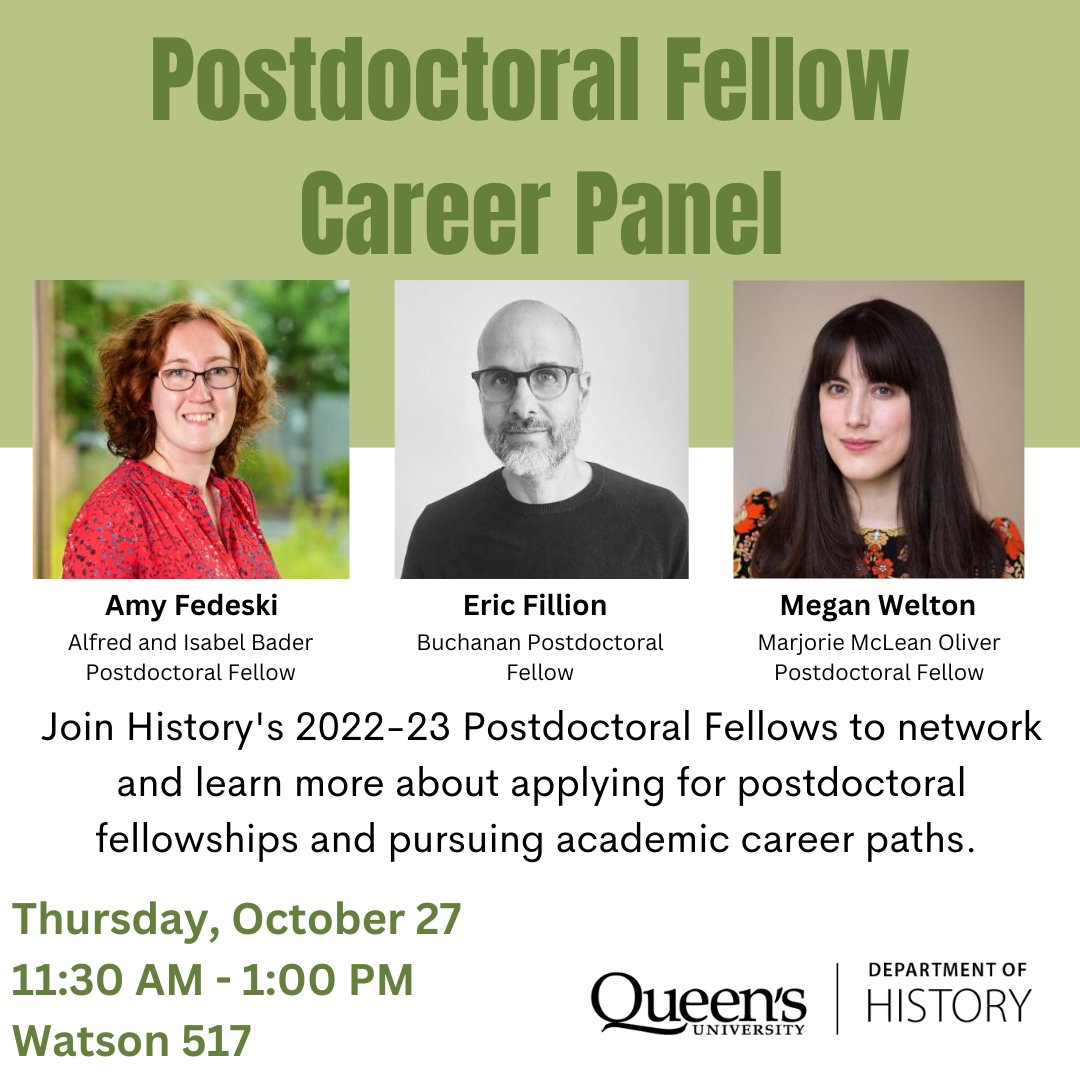 queenshistory's tweet photo. Join us next Thursday for our Postdoctoral Fellow Career Panel! A great opportunity to network with @AFedeski @Tenzier and Megan Welton and learn more about the process of applying for postdoctoral fellowships. https://t.co/lvQUHMo14A