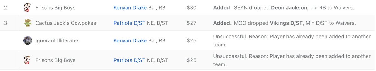 The_LOOG's tweet photo. Bids for Kenyan Drake and the Patriots D/ST won by differences of $5 and $2... What a thrill https://t.co/FSVtcrNiMs