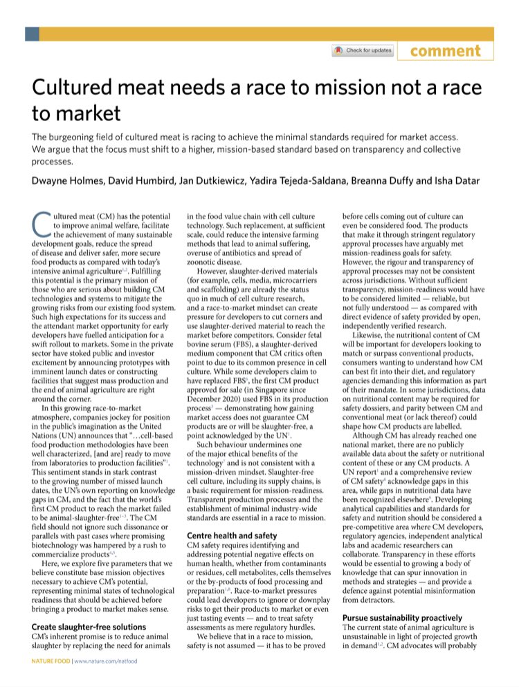 🚨 NEW PUBLICATION 🚨   In @NatureFoodJnl, my co-authors and I argue that the cellular meat industry needs to embrace a race-to-mission rather than race-to-market approach to the development of the technology.   🧵 1/19