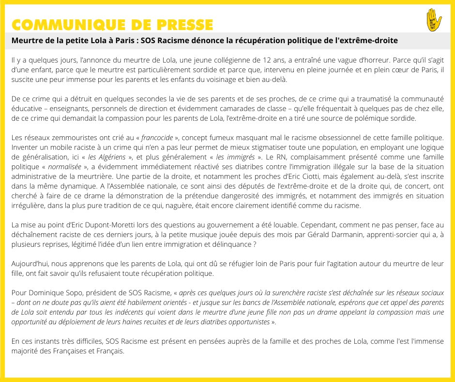 SOS_Racisme's tweet photo. ⚫️ Depuis le meurtre atroce de la petite Lola à Paris, l’extrême-droite se livre à un exercice de récupération politique indécent. 
Notre réaction ⬇️ https://t.co/MtdYpMKM4t