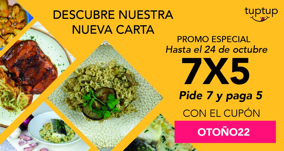 Pideuntup's tweet photo. 💥PROMO ESPECIAL OTOÑO💥

Aunque las temperaturas digan lo contrario, en el menú de TupTup ha llegado el otoño y con él ¡una super promo! 🙀

👉 Pide 7 y paga 5 con el cupón OTOÑO22 

*Hasta el 24 de octubre

#promo #descuento #comidaadomicilio #pideuntup

https://t.co/fwZu2zm4iH https://t.co/aBiSXUqlxt