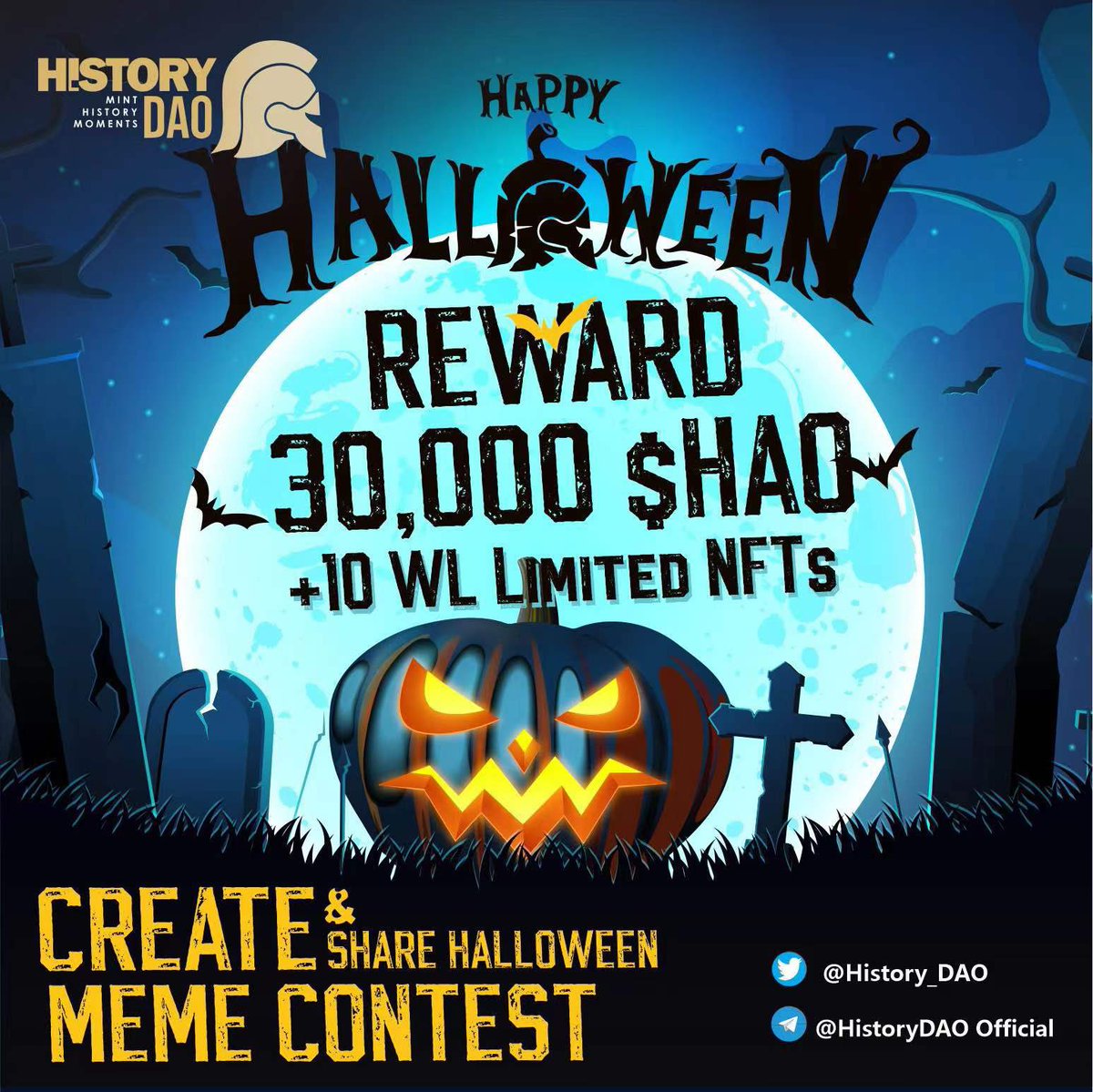 🎃HistoryDAO Halloween Meme Contest

🌟Rewards: 30,000 $HAO+10 WL

🎨Create and share your photos, GIFs, videos, and the like about “$HAO” or “HistoryDAO” with a Halloween theme!

Join t.me/+-rC5OMPDV5s1O…

More Info medium.com/@HistoryDAO/jo…

#NFT #HistoryDAO $HAO #Halloween