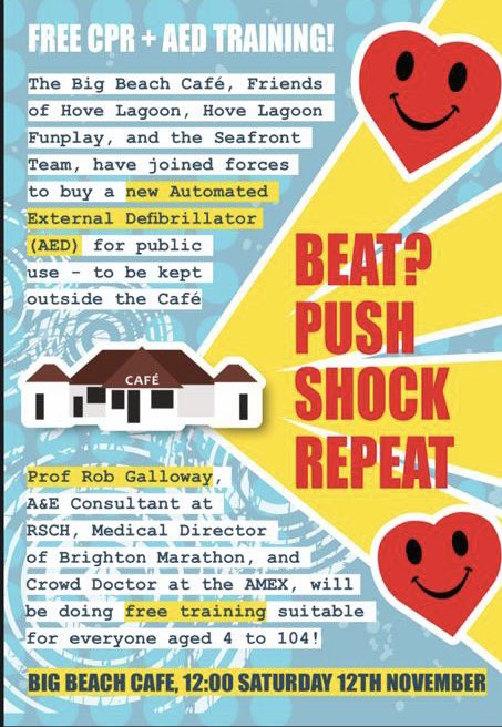 DrRobgalloway's tweet photo. Live near brighton &amp; hove?

Want to know how to save lives? 

Free for an hour on Saturday 12th November?

Come and join us - At fat boys slim cafe down by hove lagoon 

Please share/retweet/tell people about it in person https://t.co/pD3L25tKLz