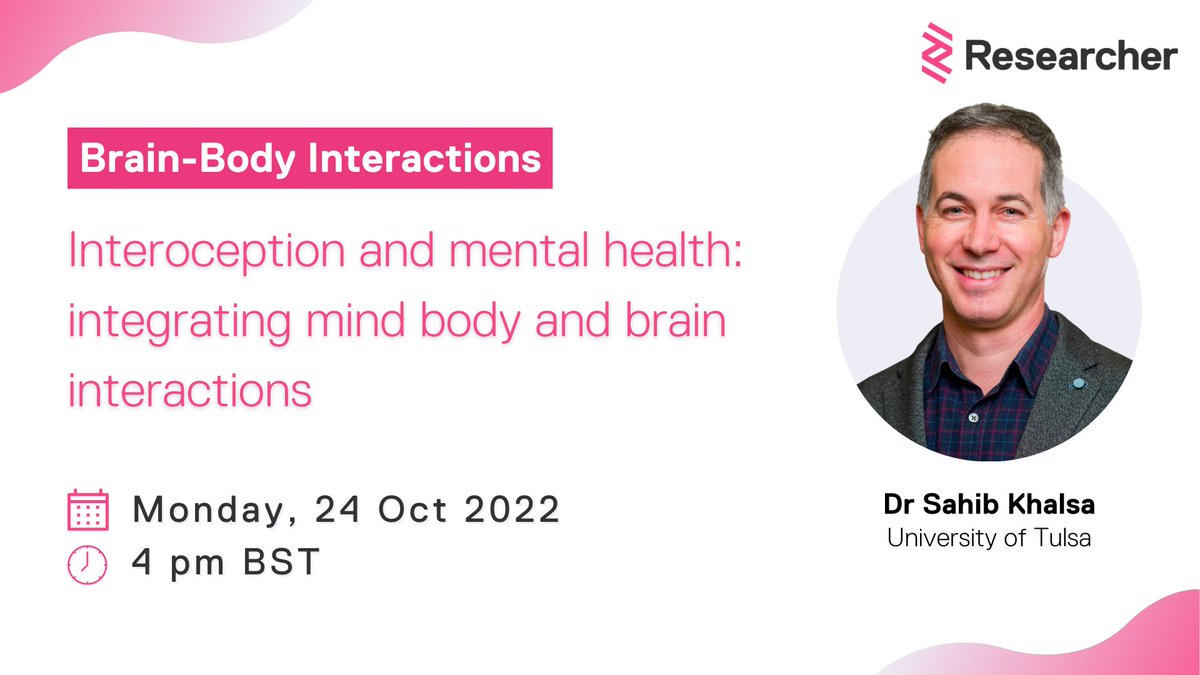 ResearcherApp's tweet photo. Join Dr @KhalsaLab, @utulsa, to discuss how #interoception is critical for understanding how crosstalk between the #body and #brain influences #mentalhealth.
➡️ https://t.co/YwWYWfxpSx
#ResearcherLive #Researcher #neuroscience https://t.co/QqAQtZBcYH