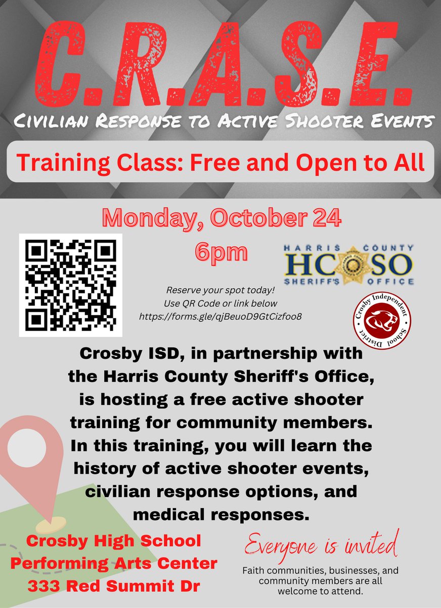 Sign up now for this important community training! CISD is partnering with @HCSOTexas to host Civilian Response to Active Shooter Events (CRASE) training. Monday, October 24 at 6pm at Crosby High School. Register here: forms.gle/qjBeuoD9GtCizf… #BetterTogether