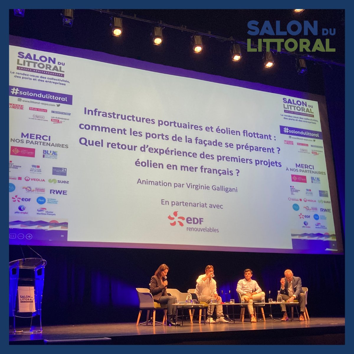SalonduLittoral's tweet photo. ▶️ 🔴 [EN DIRECT] de la conférence thématique du parcours #EolienFlottant  “Infrastructures portuaires et éolien flottant : Comment les ports de la façade se préparent ? Quel retour d’expérience des premiers projets éoliens en mer français ?”  en partenariat avec @EDF https://t.co/0lUcfIPp8Q